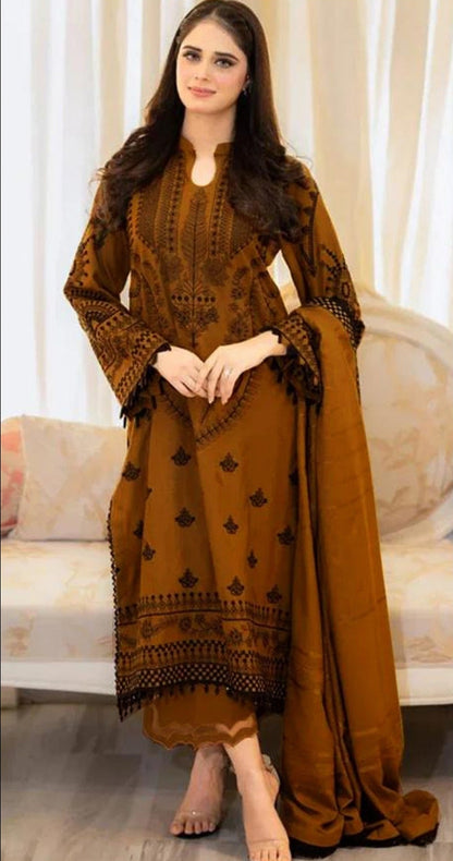 LIBAAS-3PC DHANAK EMBROIDERED SHIRT WITH DHANAK EMBROIDERED SHAWL AND TROUSER