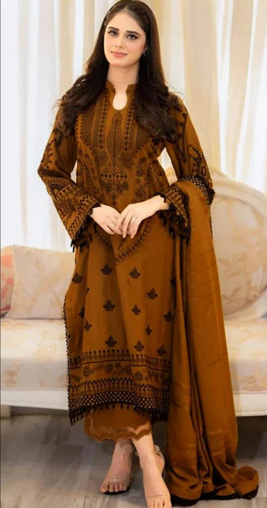 LIBAAS-3PC DHANAK EMBROIDERED SHIRT WITH DHANAK EMBROIDERED SHAWL AND TROUSER