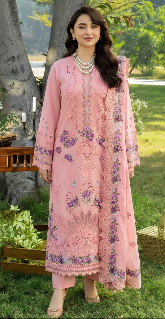 QALMAKAR-3PC DHANAK EMBROIDERED SHIRT WITH DHANAK EMBROIDERED SHAWL AND TROUSER