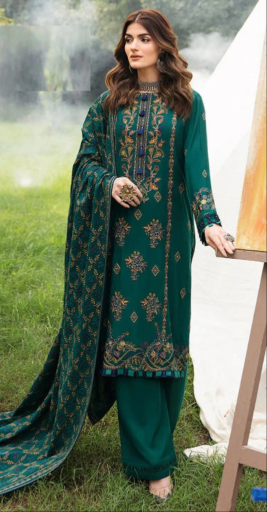 RAMSHA-3PC DHANAK EMBROIDERED SHIRT WITH DHANAK EMBROIDERED SHAWL AND TROUSER