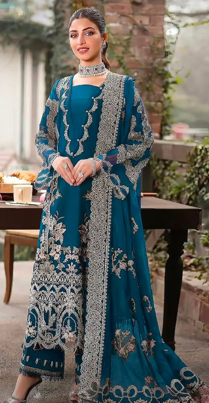 KAHF-3PC DHANAK EMBROIDERED SHIRT WITH DHANAK EMBROIDERED SHAWL AND TROUSER