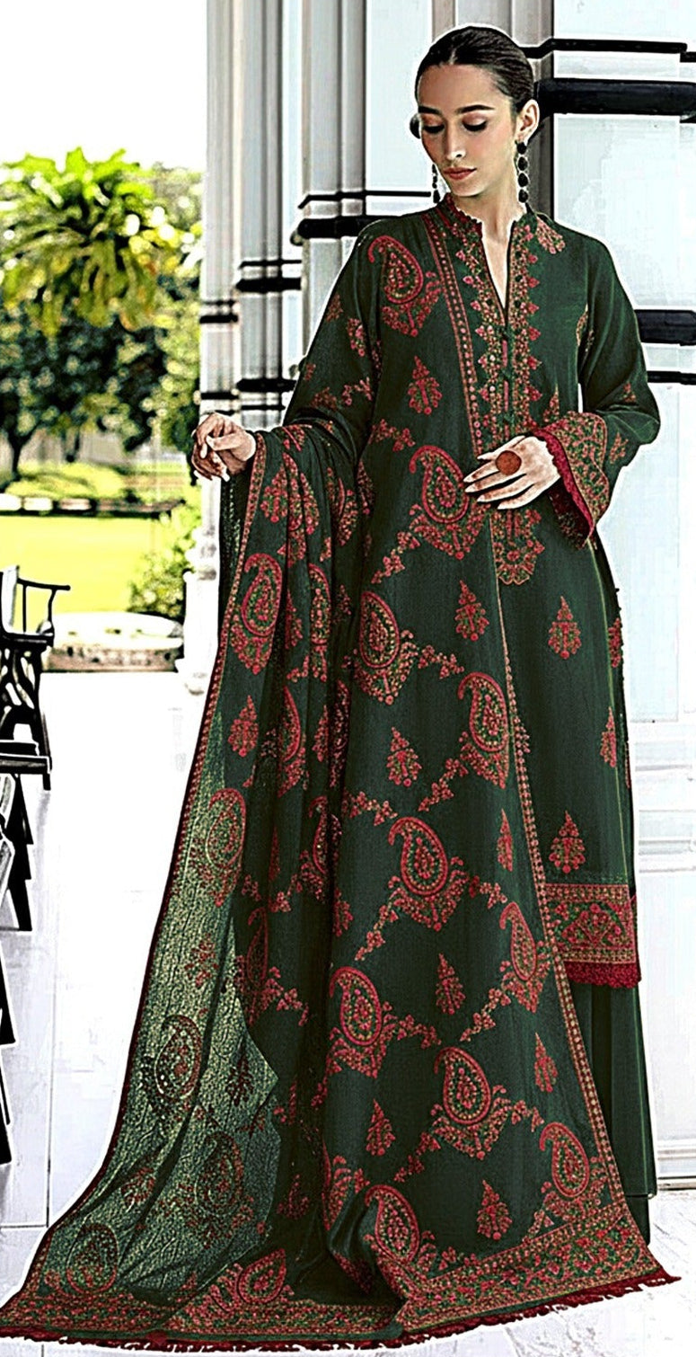 BAREEZE-3PC DHANAK EMBROIDERED SHIRT WITH DHANAK EMBROIDERED SHAWL AND TROUSER