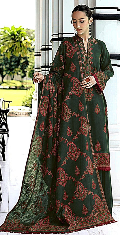 BAREEZE-3PC DHANAK EMBROIDERED SHIRT WITH DHANAK EMBROIDERED SHAWL AND TROUSER