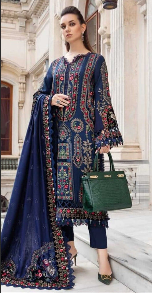 MARIA-B-3PC DHANAK EMBROIDERED SHIRT WITH DHANAK EMBROIDERED SHAWL AND TROUSER