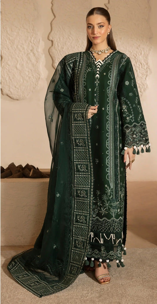 MEHMAL zinia-3PC DHANAK EMBROIDERED SHIRT WITH DHANAK EMBROIDERED SHAWL AND TROUSER