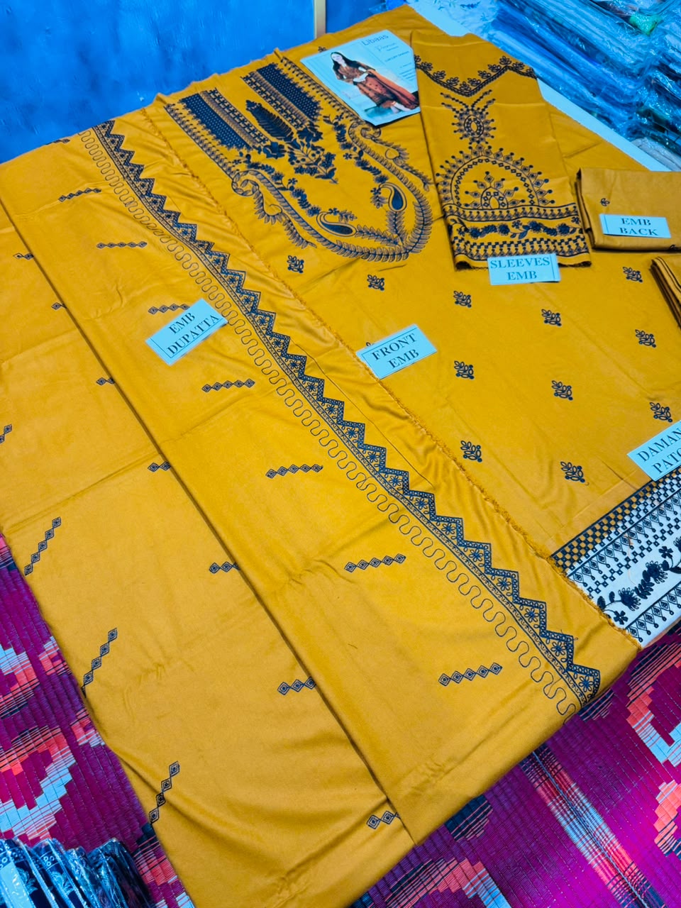 LIBAAS-3PC DHANAK EMBROIDERED SHIRT WITH DHANAK EMBROIDERED SHAWL AND TROUSER