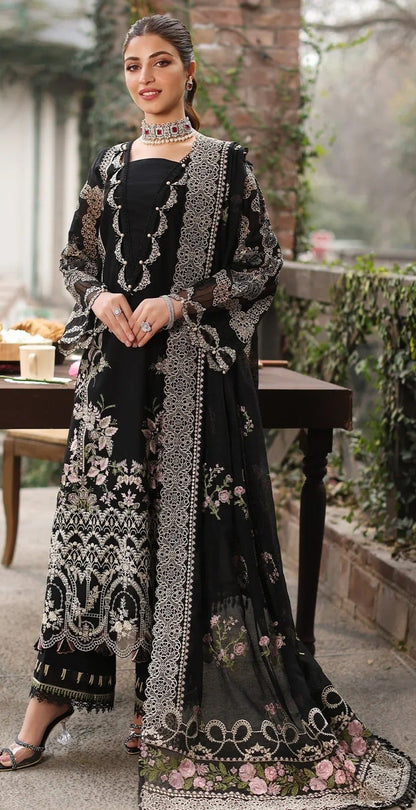 KAHF-3PC DHANAK EMBROIDERED SHIRT WITH DHANAK EMBROIDERED SHAWL AND TROUSER