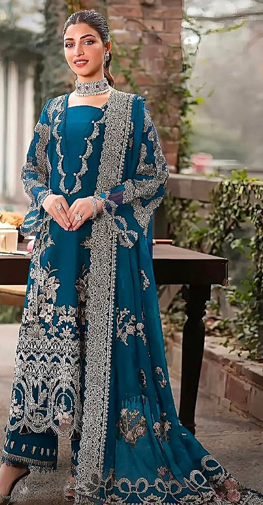 KAHF-3PC DHANAK EMBROIDERED SHIRT WITH DHANAK EMBROIDERED SHAWL AND TROUSER