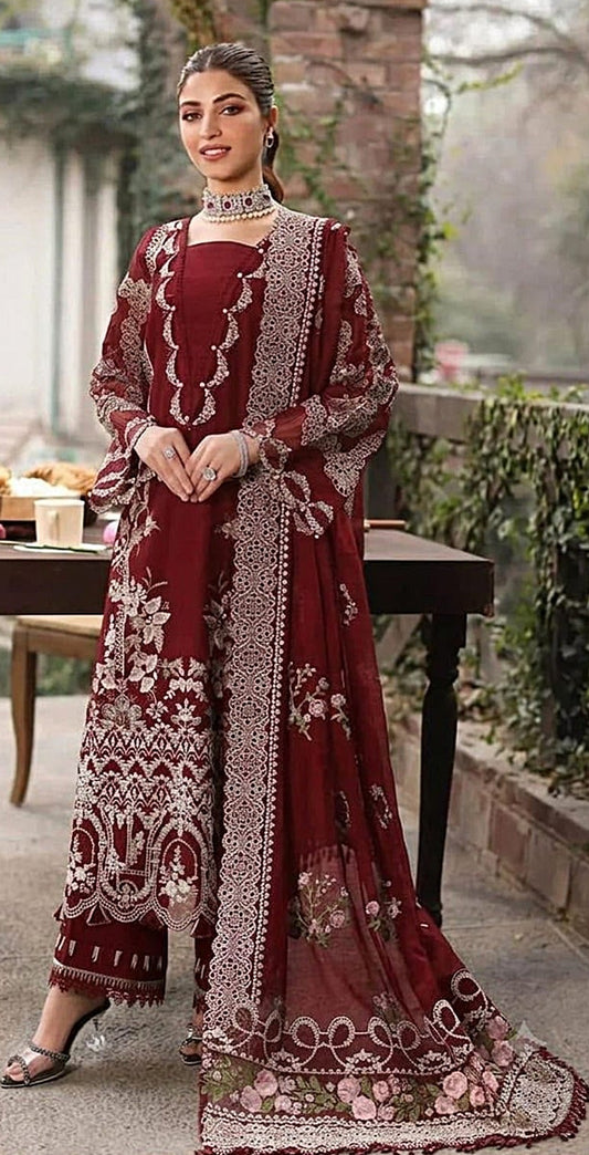 KAHF-3PC DHANAK EMBROIDERED SHIRT WITH DHANAK EMBROIDERED SHAWL AND TROUSER