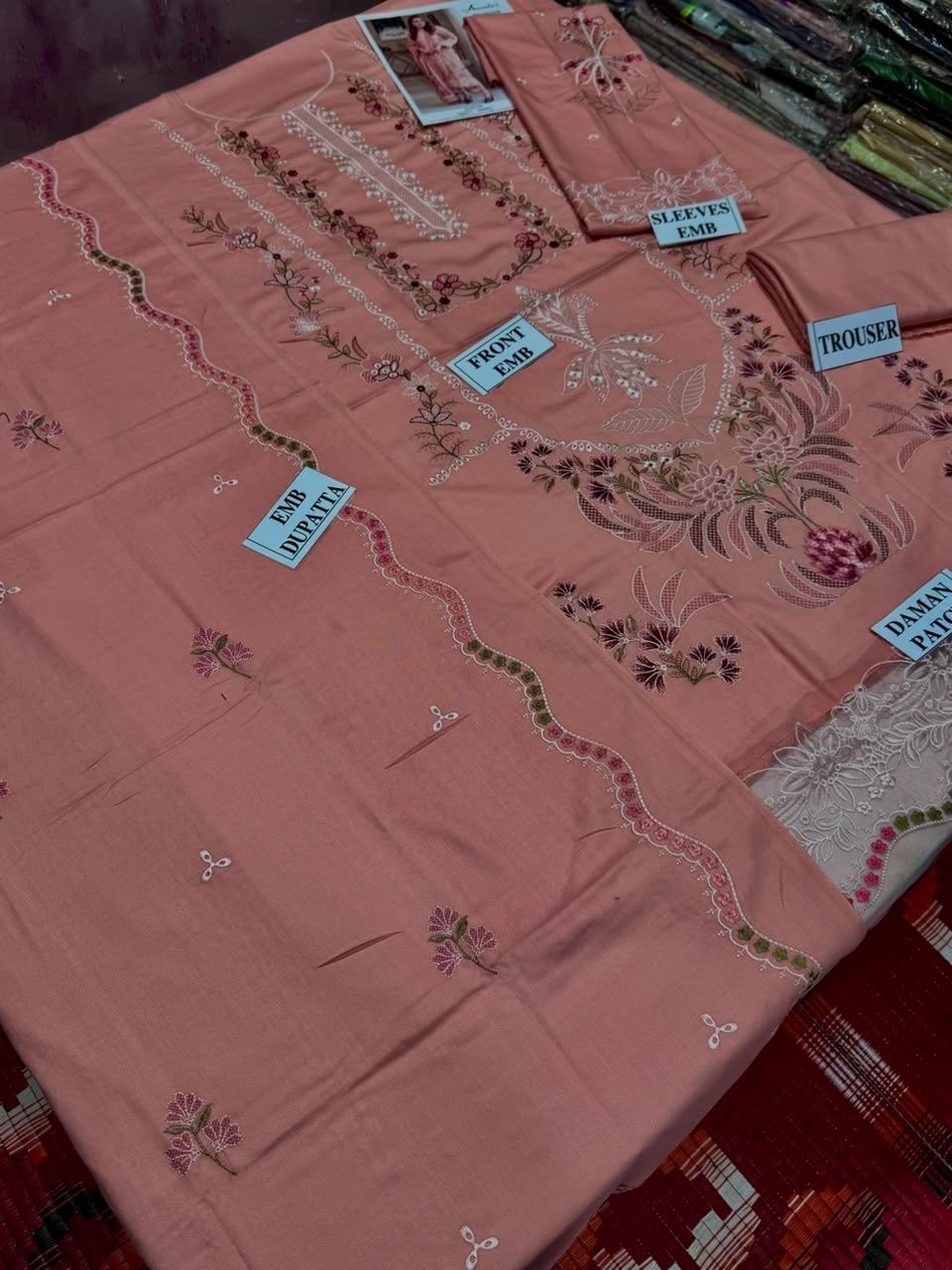 ANEELAS-3PC DHANAK EMBROIDERED SHIRT WITH DHANAK EMBROIDERED SHAWL AND TROUSER