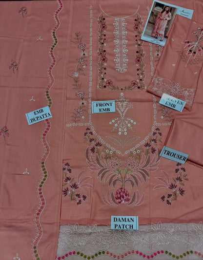 ANEELAS-3PC DHANAK EMBROIDERED SHIRT WITH DHANAK EMBROIDERED SHAWL AND TROUSER