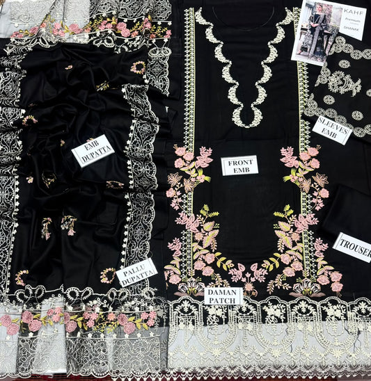 KAHF-3PC DHANAK EMBROIDERED SHIRT WITH DHANAK EMBROIDERED SHAWL AND TROUSER