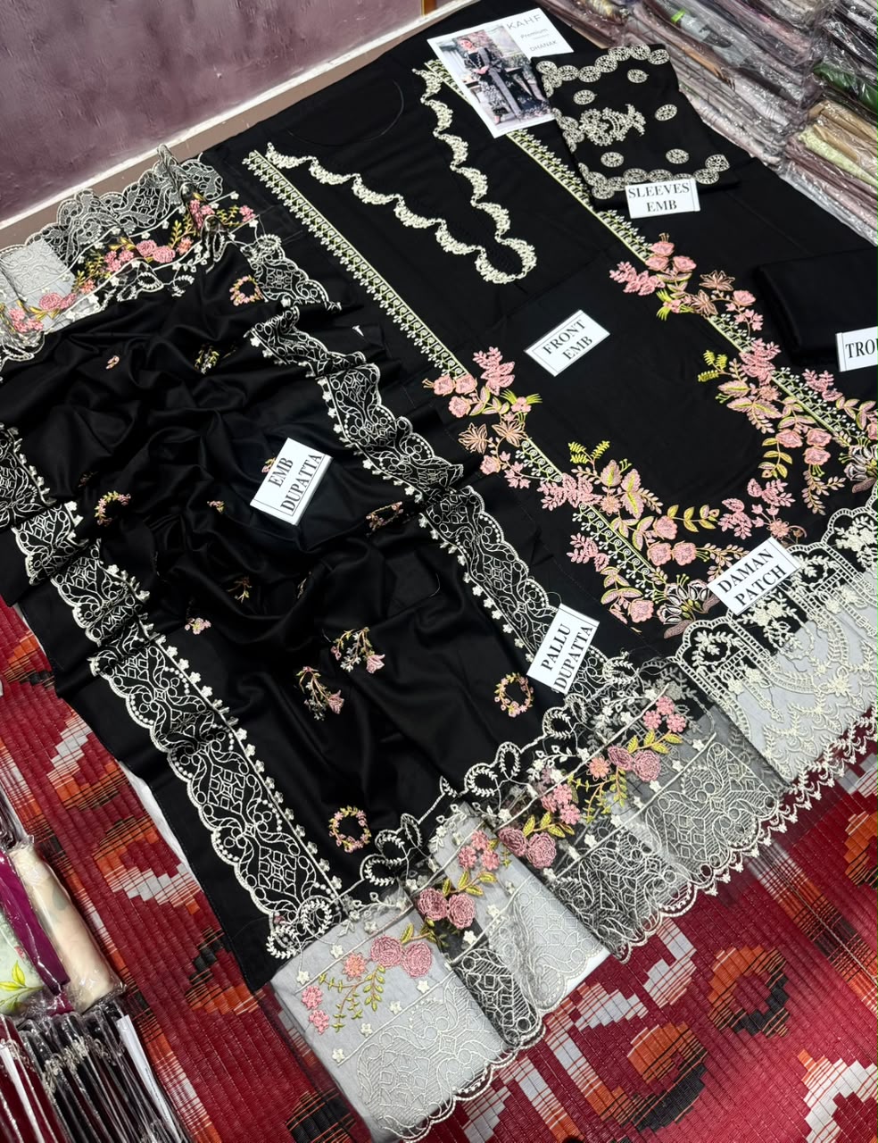 KAHF-3PC DHANAK EMBROIDERED SHIRT WITH DHANAK EMBROIDERED SHAWL AND TROUSER
