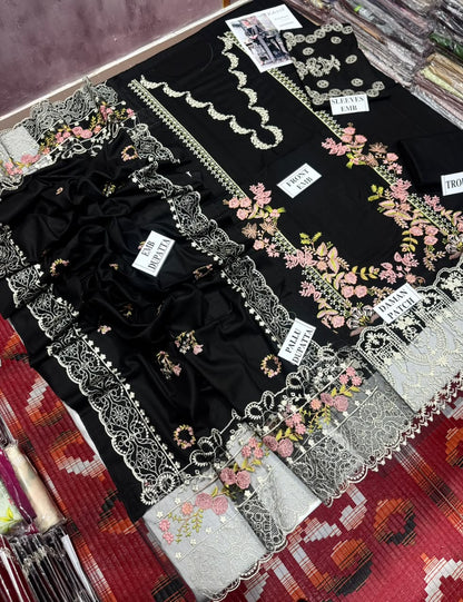 KAHF-3PC DHANAK EMBROIDERED SHIRT WITH DHANAK EMBROIDERED SHAWL AND TROUSER