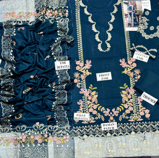 KAHF-3PC DHANAK EMBROIDERED SHIRT WITH DHANAK EMBROIDERED SHAWL AND TROUSER
