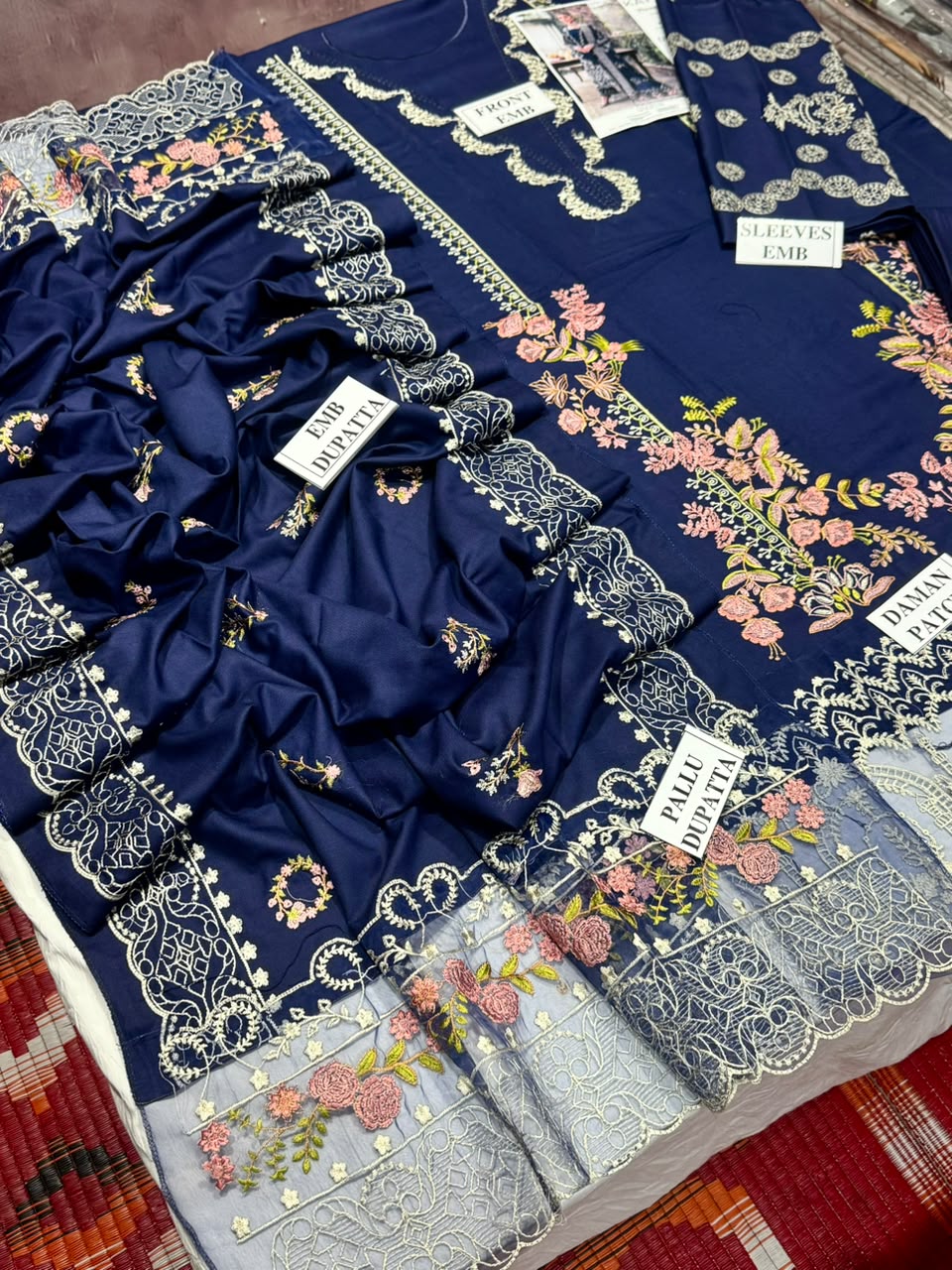 KAHF-3PC DHANAK EMBROIDERED SHIRT WITH DHANAK EMBROIDERED SHAWL AND TROUSER