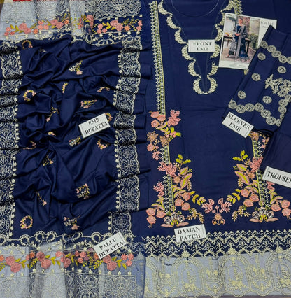 KAHF-3PC DHANAK EMBROIDERED SHIRT WITH DHANAK EMBROIDERED SHAWL AND TROUSER