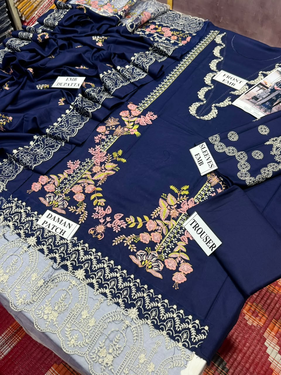 KAHF-3PC DHANAK EMBROIDERED SHIRT WITH DHANAK EMBROIDERED SHAWL AND TROUSER