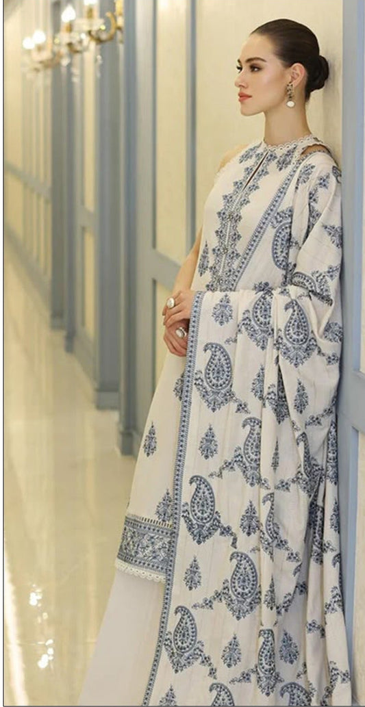 BAREEZE-3PC DHANAK EMBROIDERED SHIRT WITH DHANAK EMBROIDERED SHAWL AND TROUSER