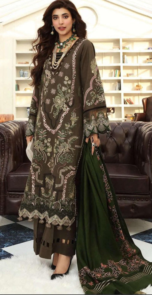 ELAF-3PC DHANAK EMBROIDERED SHIRT WITH DHANAK EMBROIDERED SHAWL AND TROUSER