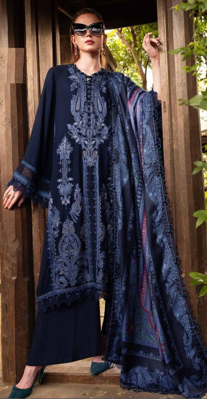 MARIA-B-3PC DHANAK EMBROIDERED SHIRT WITH DHANAK EMBROIDERED SHAWL AND TROUSER