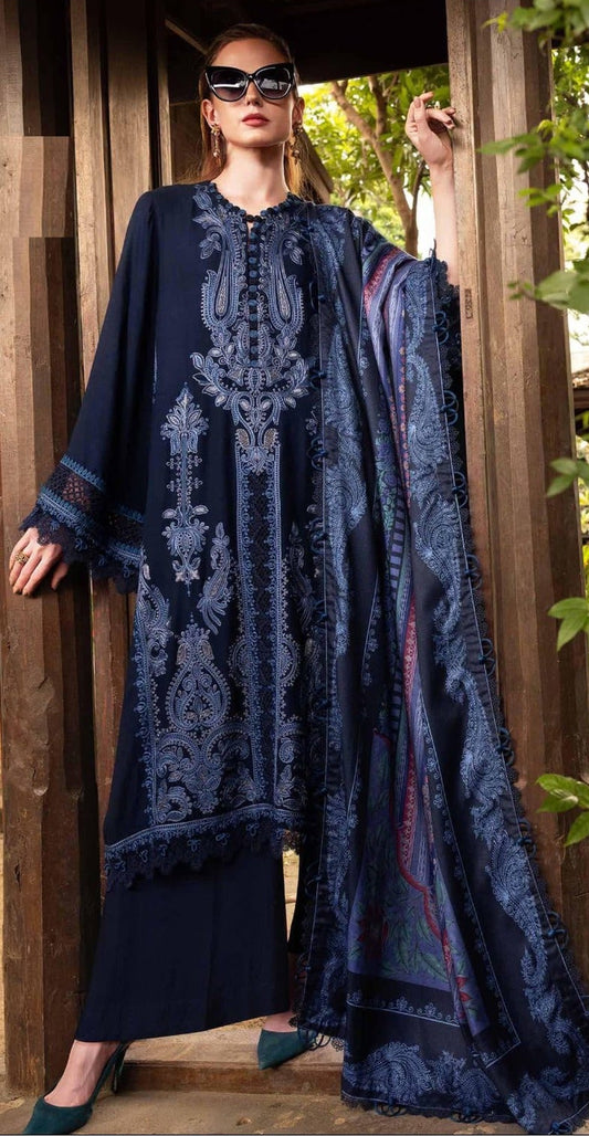 MARIA-B-3PC DHANAK EMBROIDERED SHIRT WITH DHANAK EMBROIDERED SHAWL AND TROUSER