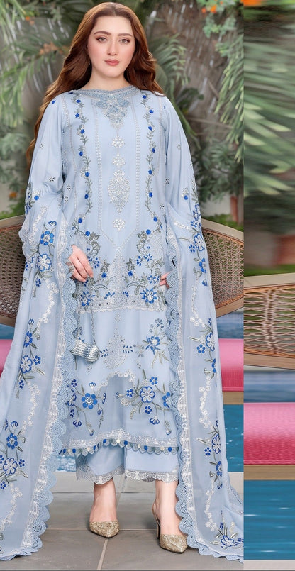 MARIA-B-3PC DHANAK EMBROIDERED SHIRT WITH DHANAK EMBROIDERED SHAWL AND TROUSER