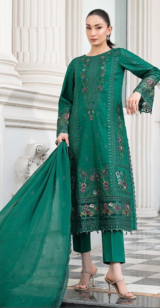 MARIA-B-3PC DHANAK EMBROIDERED SHIRT WITH DHANAK EMBROIDERED SHAWL AND TROUSER