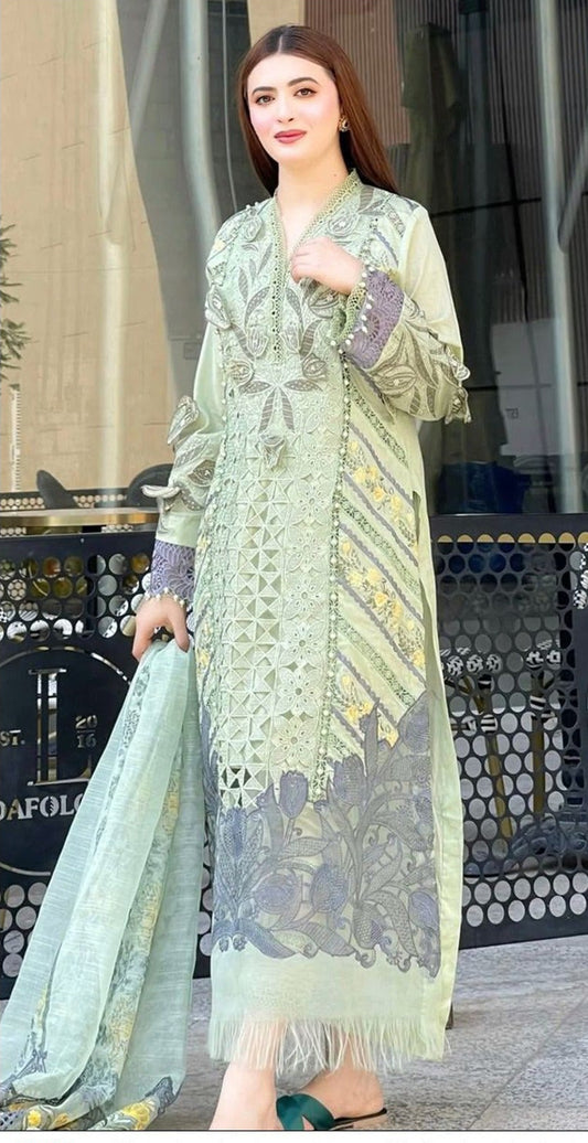 MARIA-B-3PC DHANAK EMBROIDERED SHIRT WITH DHANAK EMBROIDERED SHAWL AND TROUSER