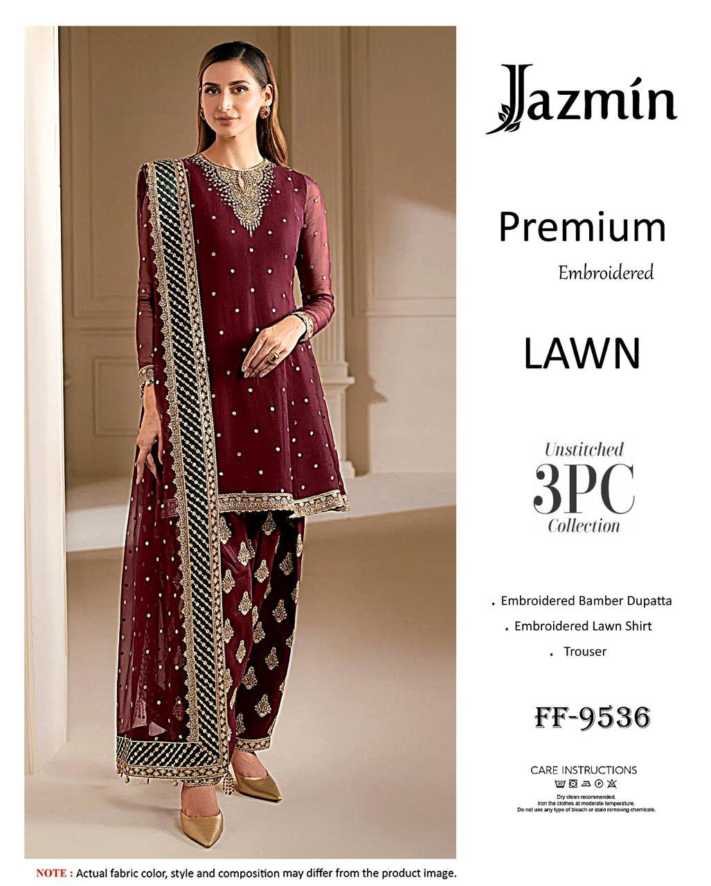 Jazmin Premium Embroidered Lawn 3PC Suit | FF-9536