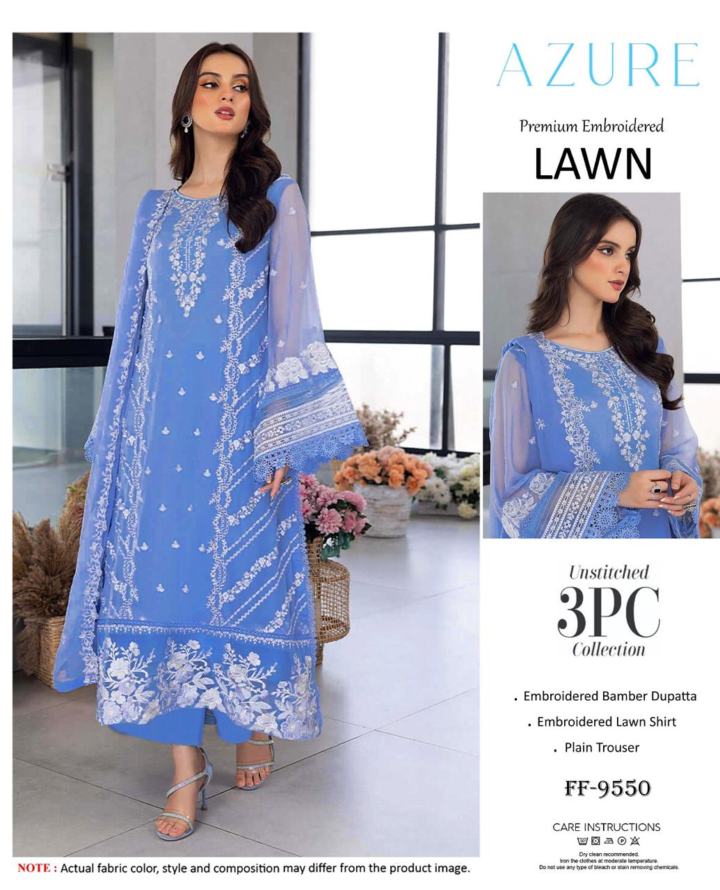 Azure Premium Embroidered Lawn 3PC Suit | FF-9550